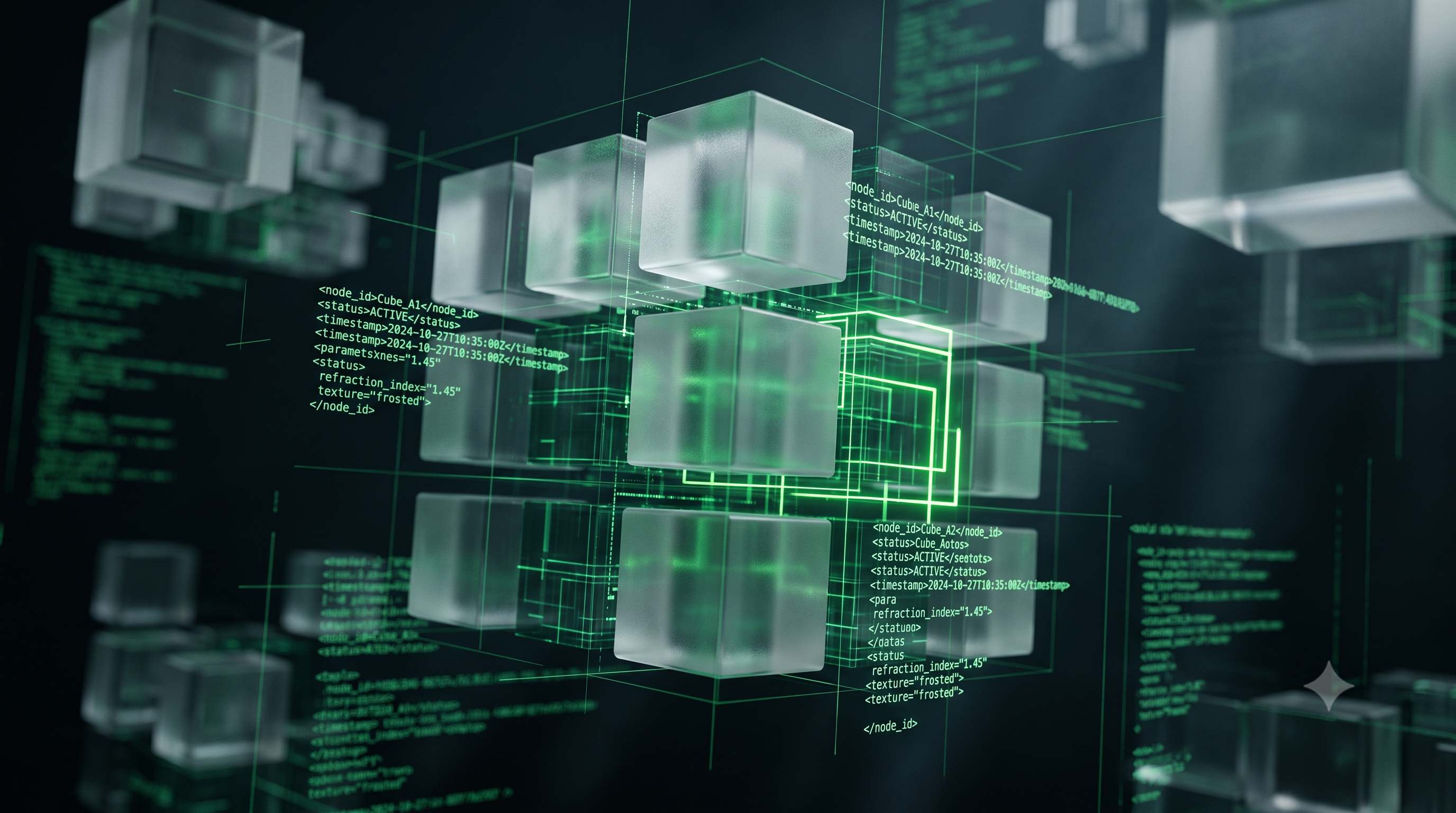 Cubos de vidro 3D com fragmentos de código XML sobre fundo escuro